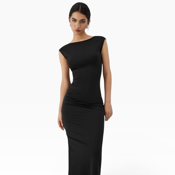 COMMENSE BLACK BACKLESS MIDI DRESS SLEEK BODYCON MINIMALIST SIZE SMALL **NWT** - Picture 5 of 11